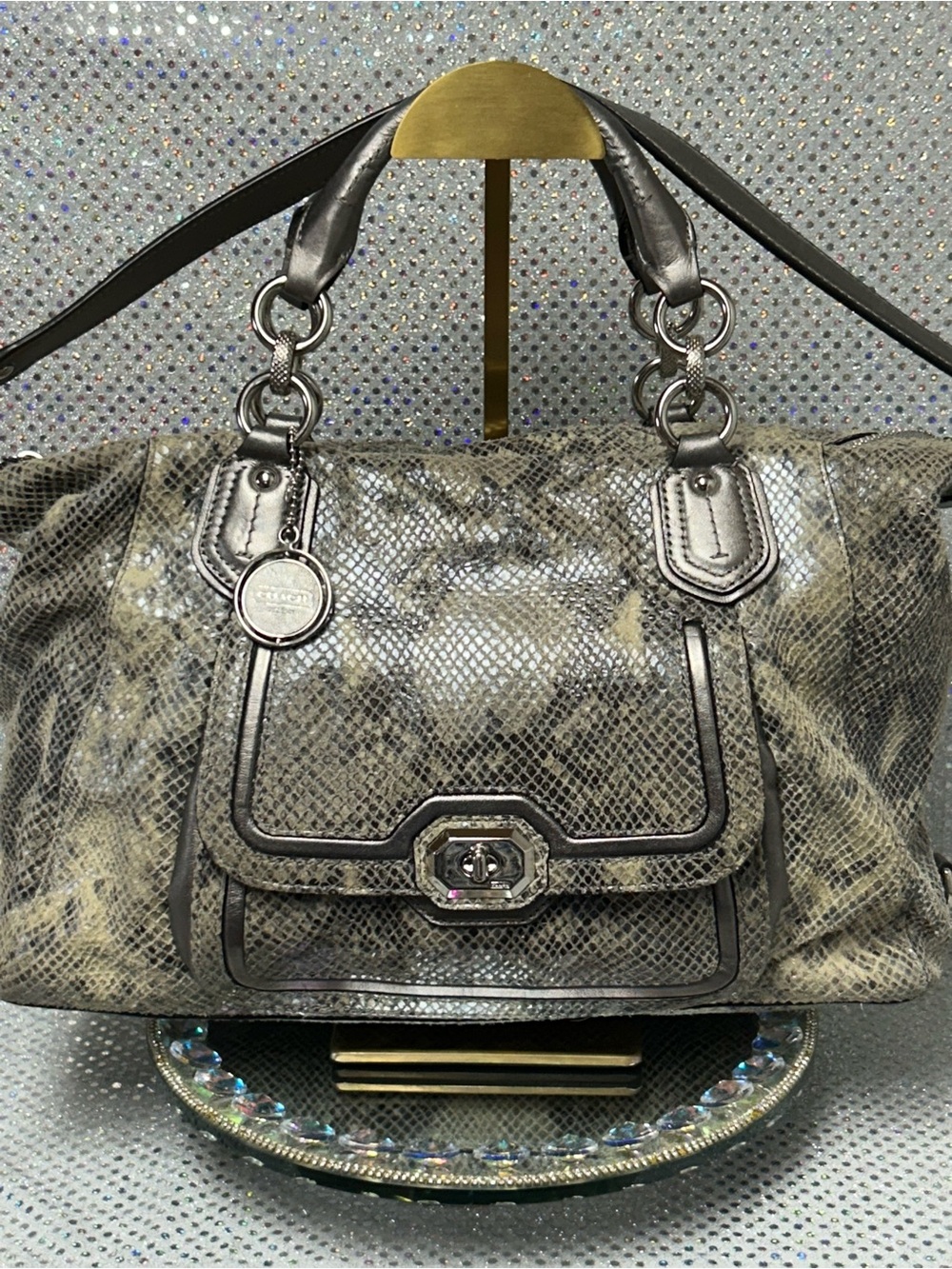 Coach Metallic Snake-Embossed Shoulder Bag - Gray and Silver Approx. 16x10x5